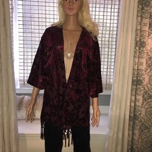 Guess Velvet Burnout Wine Fringe Open Front Cardigan, Fits like M